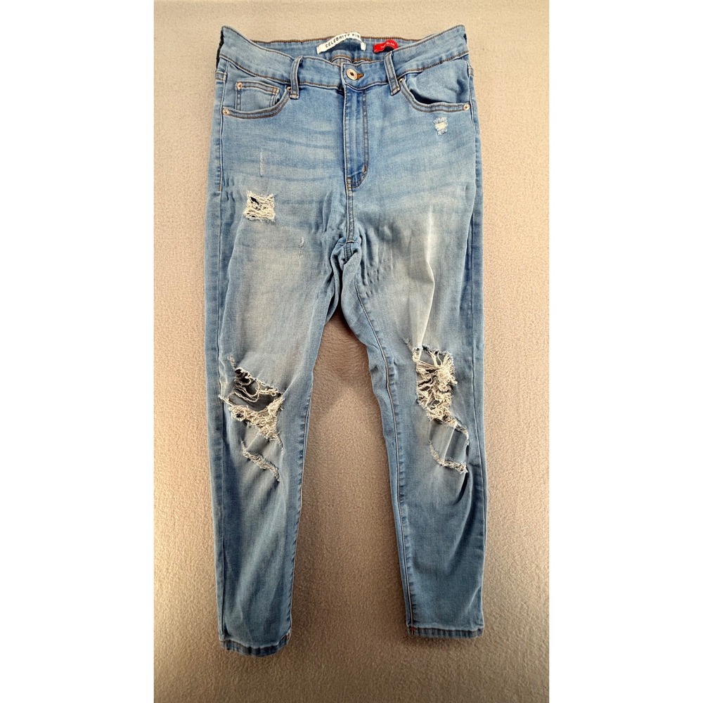 Celebrity Pink The Glam High Rise Distressed Skinny Jeans Metallurgy Blue 11/30